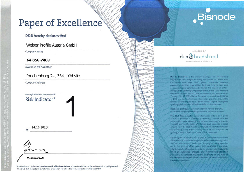 D&B Rating Zertifikat für Welser Profile Austria GmbH